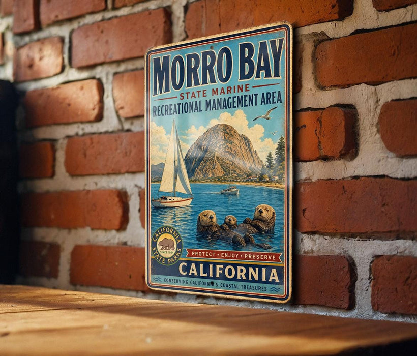 A vintage-style metal sign for Morro Bay State Marine State Recreation Area, featuring a sailboat and sea otters, is displayed on a brick wall.