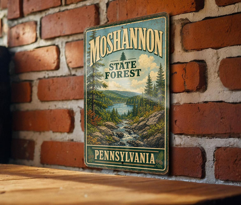 A vintage-style metal sign for the Moshannon State Forest in Pennsylvania, featuring a scenic landscape with pine trees, a river, and mountains.