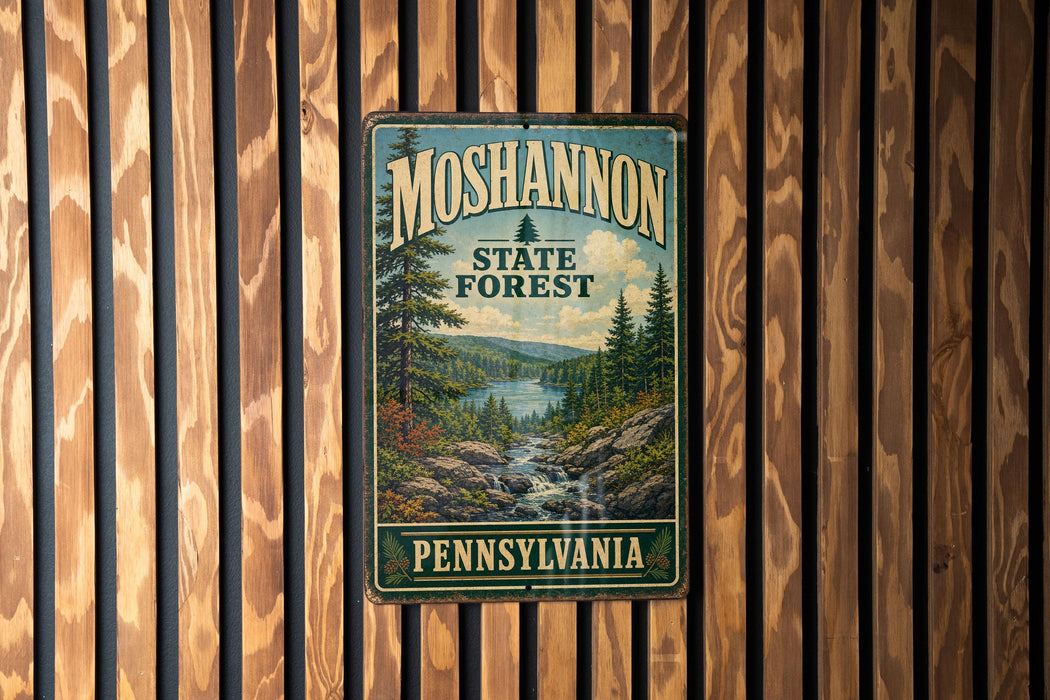A vintage metal sign for the Moshannon State Forest in Pennsylvania, featuring a scenic illustration of a forest and a river.
