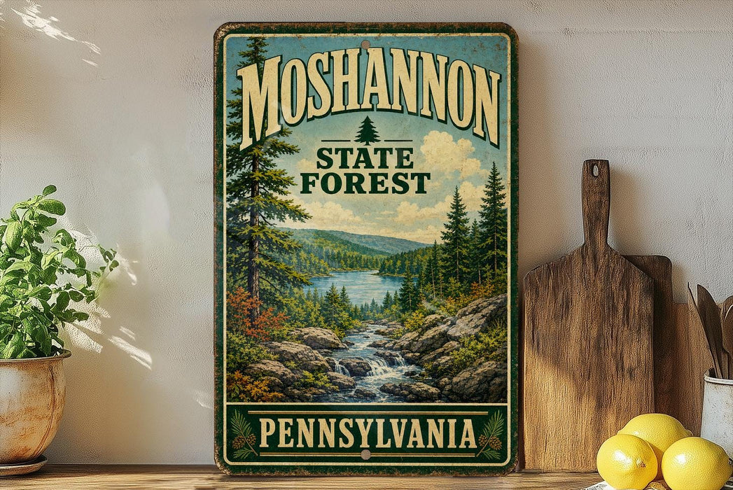 A vintage-style metal sign for the Moshannon State Forest in Pennsylvania, featuring a scenic landscape with a river and pine trees.