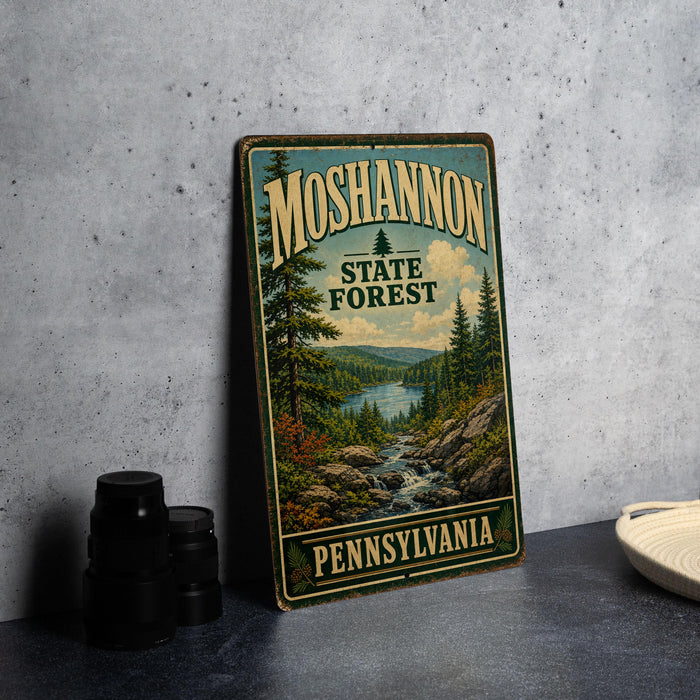 A vintage-style metal sign for the Moshannon State Forest in Pennsylvania, featuring a scenic landscape with pine trees, a river, and mountains.