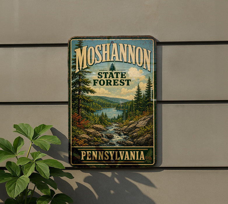 A vintage metal sign for the Moshannon State Forest in Pennsylvania, featuring a scenic landscape with pine trees, a river, and mountains.