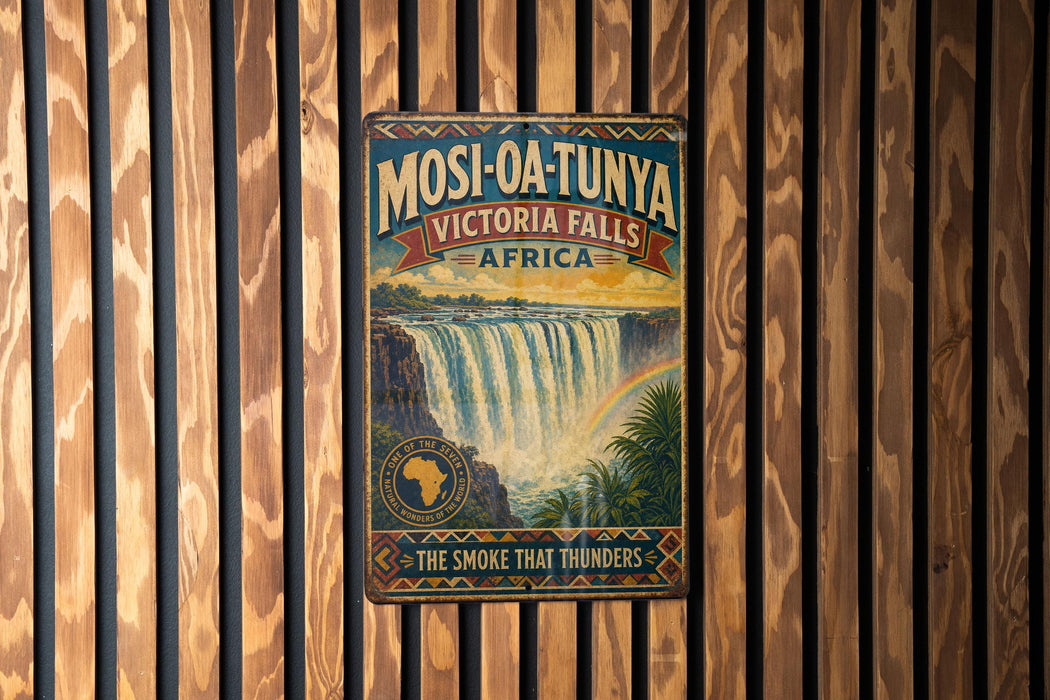 A vintage-style metal sign for Mosi-Oa-Tunya Victoria Falls, Africa, featuring a waterfall and a rainbow.