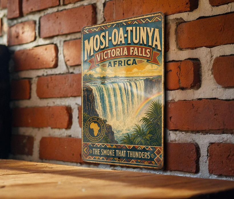 A vintage-style metal sign with the text "MOSI-OA-TUNYA VICTORIA FALLS AFRICA" and a picture of a waterfall, hanging on a brick wall.