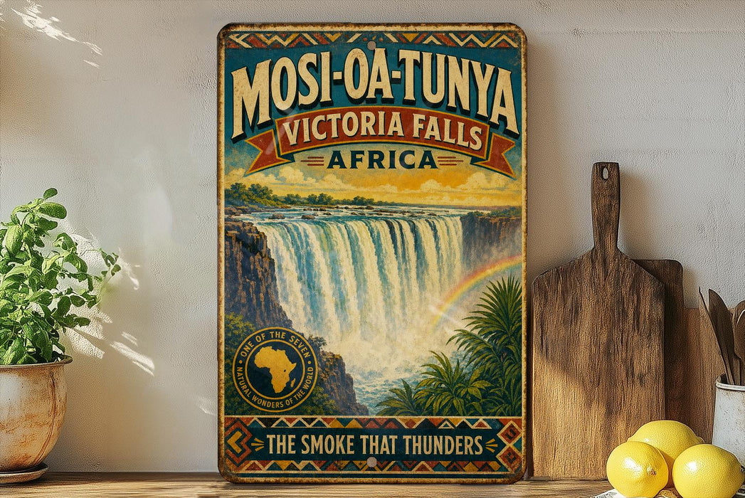 A vintage-style poster advertising the Masi-O-O-Tunya Victoria Falls in Africa, featuring a waterfall and a rainbow.
