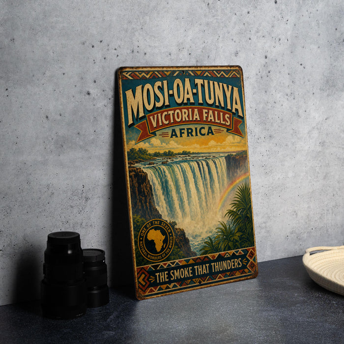 A vintage travel poster advertising Mosi-Oa-Tunya Victoria Falls, Africa, featuring a waterfall and lush greenery.