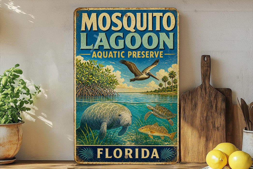 A vintage-style sign for Mosquito Lagoon Aquatic Preserve in Florida, featuring illustrations of a manatee, a pelican, and a turtle swimming in the water.