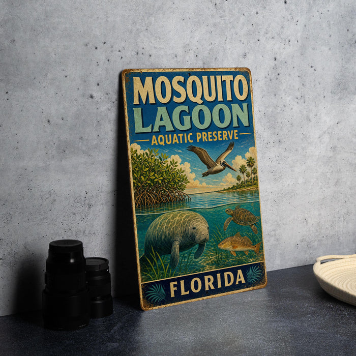 A vintage-style metal sign for Mosquito Lagoon Aquatic Preserve in Florida, featuring illustrations of various marine life and a bird in flight.