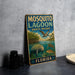 A vintage-style metal sign for Mosquito Lagoon Aquatic Preserve in Florida, featuring illustrations of various marine life and a bird in flight.