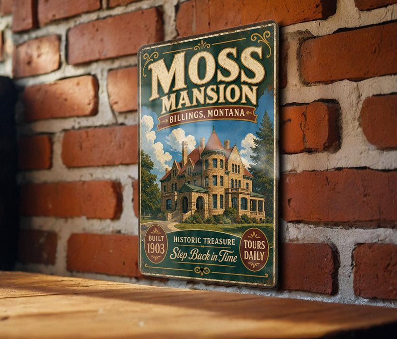 A vintage-style metal sign for the Moss mansion in Billings, Montana, featuring an illustration of the mansion and text promoting its historical and scenic attractions.