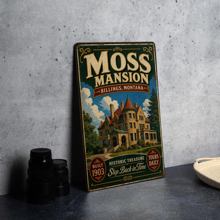 A vintage-style metal sign for the Moss mansion in Billings, Montana, featuring an illustration of the mansion and the text "Moss mansion Billings, Montana" along with "Historic Treasure" and "Tours Daily".