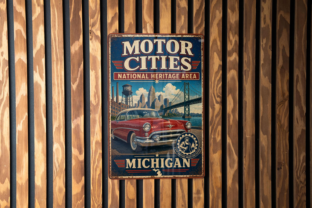 A vintage-style metal sign with the text "Motor Cities National Heritage Area" and "Michigan" displayed on it, mounted on a wooden wall.