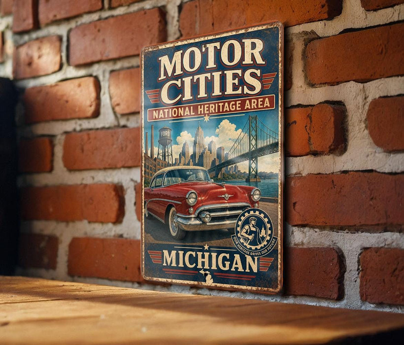 A vintage-style metal sign with the text "Motor Cities National Heritage Area" and "Michigan" displayed on it, mounted on a brick wall.