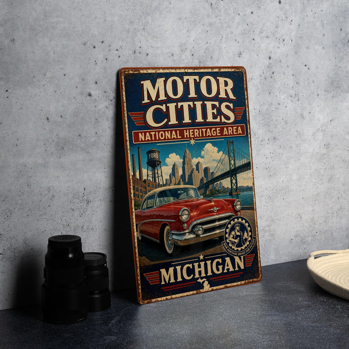 A vintage-style metal sign advertising the Motor Cities National Heritage Area in Michigan, featuring an illustration of a classic red car and a bridge.