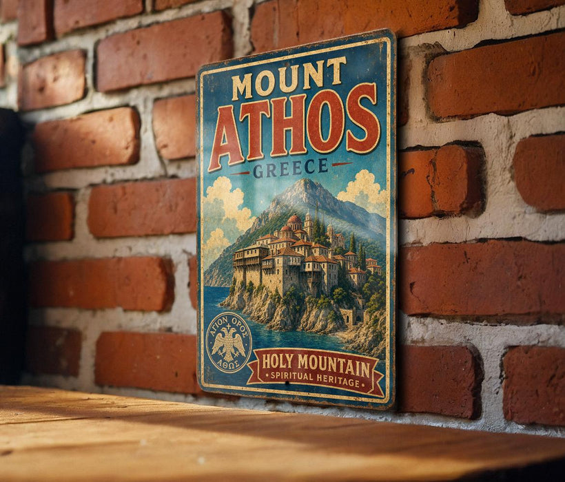 A vintage-style metal sign for Mount Athos in Greece, featuring a castle and mountain landscape, is displayed on a brick wall.