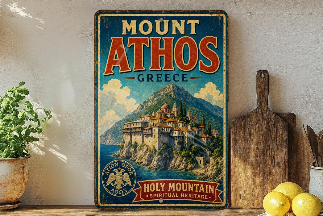 A vintage-style metal sign for Mount Athos in Greece, featuring a castle on a cliff overlooking the sea.
