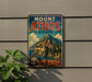 A vintage-style sign for Mount Athos in Greece, featuring a castle on a cliff overlooking the sea.