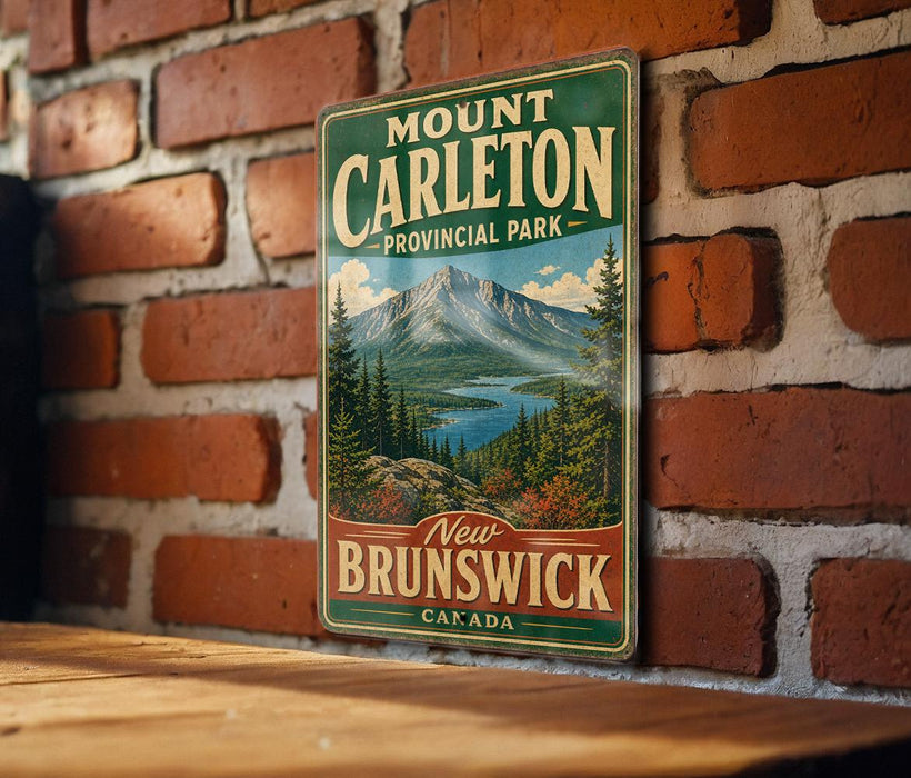 A vintage-style metal sign for Mount Carleton Provincial Park in New Brunswick, Canada, featuring a scenic mountain landscape.