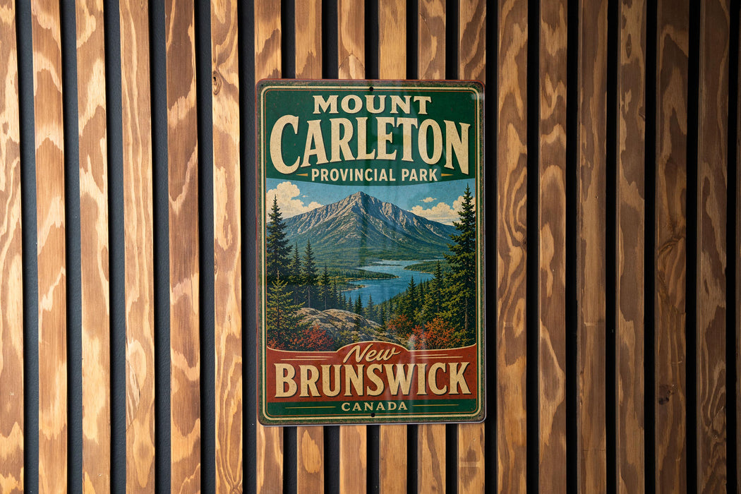 A vintage metal sign for Mount Carleton Provincial Park in New Brunswick, Canada, featuring a scenic mountain landscape.