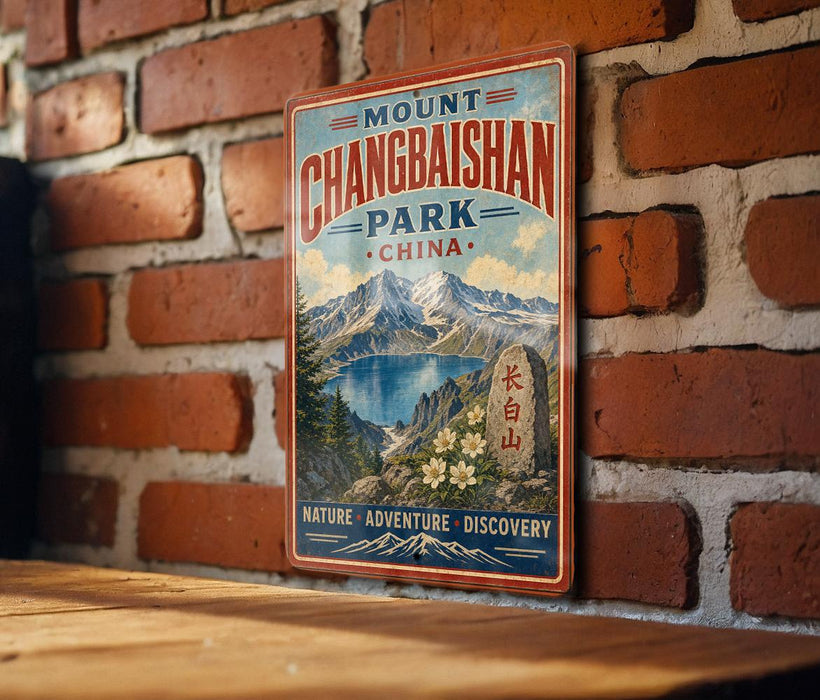 A vintage-style metal sign with the text "Mount Changbashi Park - China" and "Nature, Adventure, Discovery" is displayed on a brick wall.