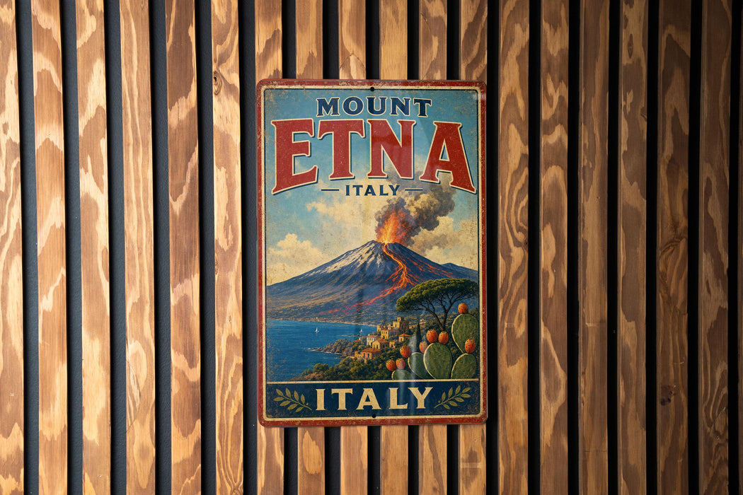A vintage metal sign with the text "Mount Etna Italy" and an illustration of a volcano with a town in the background.