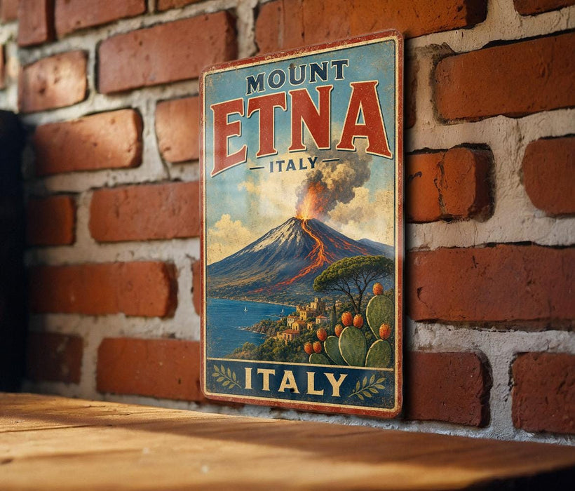 A vintage-style metal sign with the text "Mount Etna Italy" and an illustration of a volcano with a town in the background.