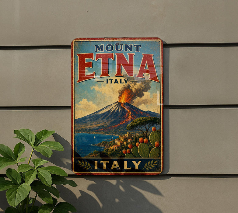 A vintage-style sign for Mount Etna, Italy, featuring a colorful illustration of the volcano and its surroundings.