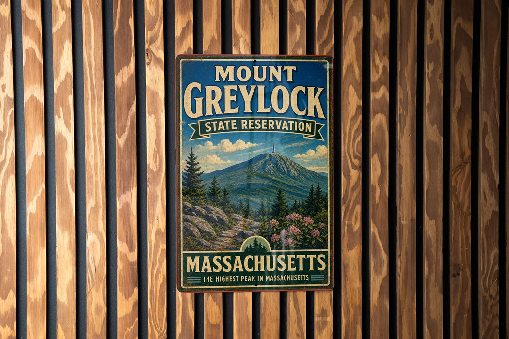 A vintage metal sign for Mount Greylock State Reserve in Massachusetts, featuring a mountain landscape with pine trees and a trail.