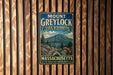 A vintage metal sign for Mount Greylock State Reserve in Massachusetts, featuring a mountain landscape with pine trees and a trail.