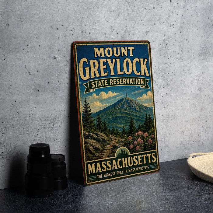 A vintage metal sign for Mount Greylock State Reserve in Massachusetts, featuring a scenic mountain landscape with pine trees and a trail.