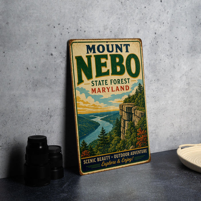 A vintage-style metal sign for Mount Nebo State Forest in Maryland, featuring a scenic mountain landscape and the text "SCenic Beauty - Outdoor Adventure Explore & Enjoy!".