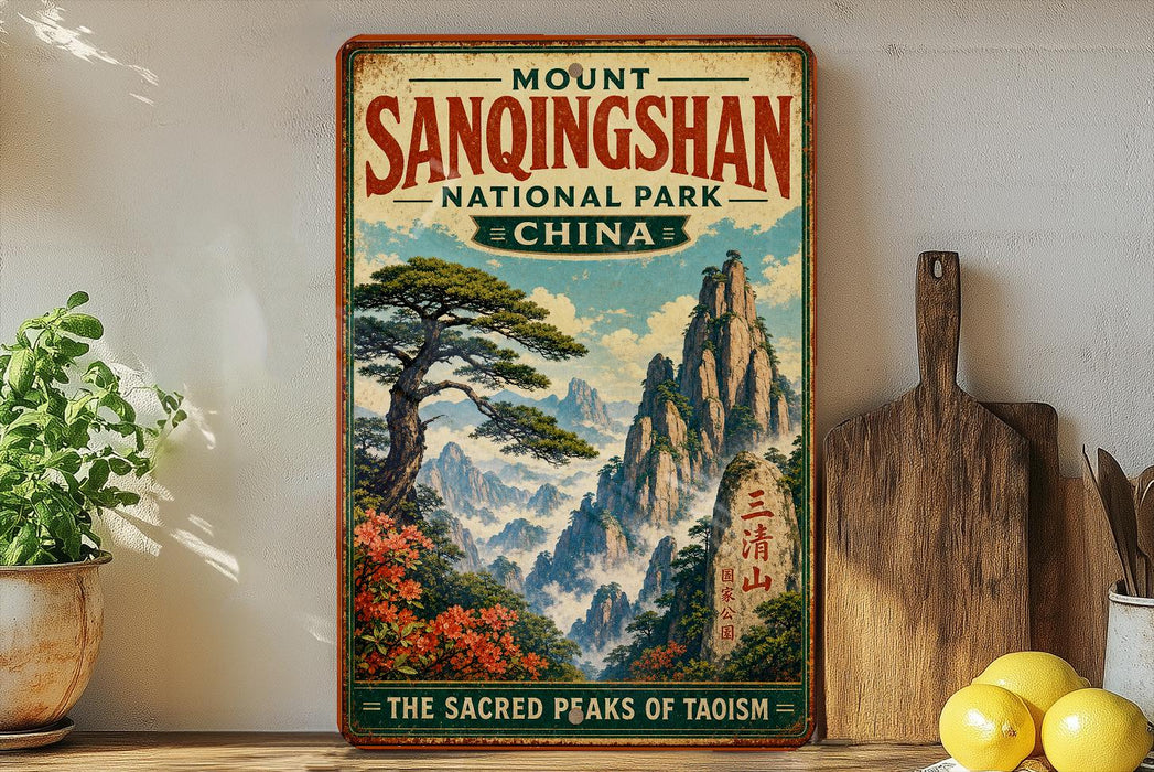 A vintage-style poster of Mount Sanqingshan National Park in China, featuring a scenic landscape with mountains, trees, and a pine tree.