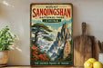 A vintage-style poster of Mount Sanqingshan National Park in China, featuring a scenic landscape with mountains, trees, and a pine tree.