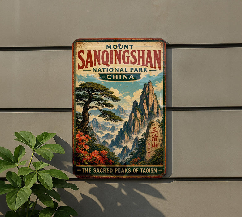 A vintage-style sign for Mount Sanqingshan National Park in China, featuring a scenic mountain landscape with a tree and flowers.