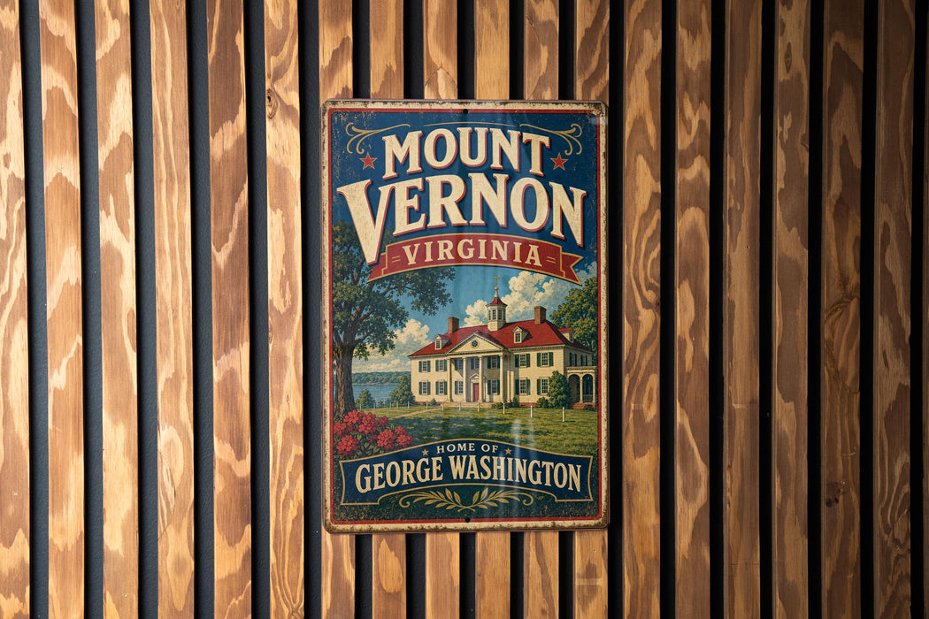 A vintage-style sign for Mount Vernon, Virginia, featuring a house and trees, mounted on a wooden wall.