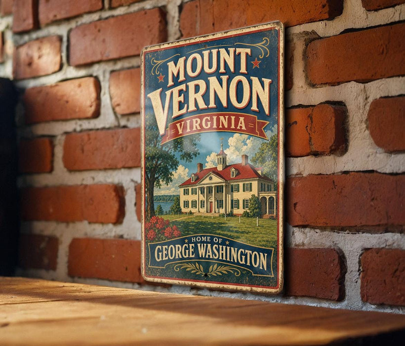 A vintage-style metal sign displaying the name "Mount Vernon, Virginia" and the phrase "Home of George Washington" is mounted on a brick wall.