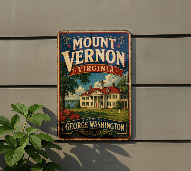 A vintage-style sign for Mount Vernon, Virginia, featuring a house and trees, mounted on a wall next to a plant.