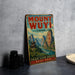 A vintage-style sign for Mount Wuyi, China, featuring a scenic mountain landscape with a temple in the background.