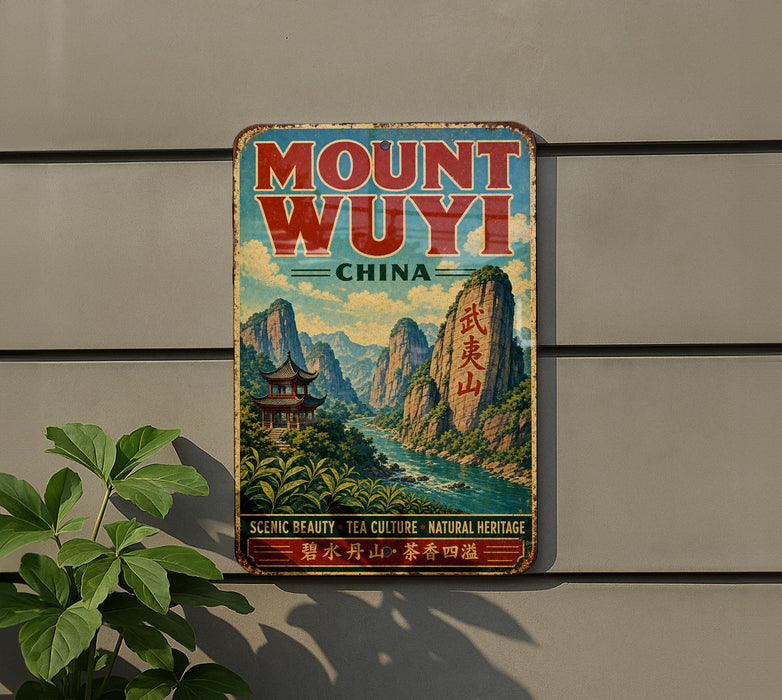 A vintage metal sign with the text "Mount Wuyi" and "China" displayed on it, featuring a scenic mountain landscape with a temple in the background.