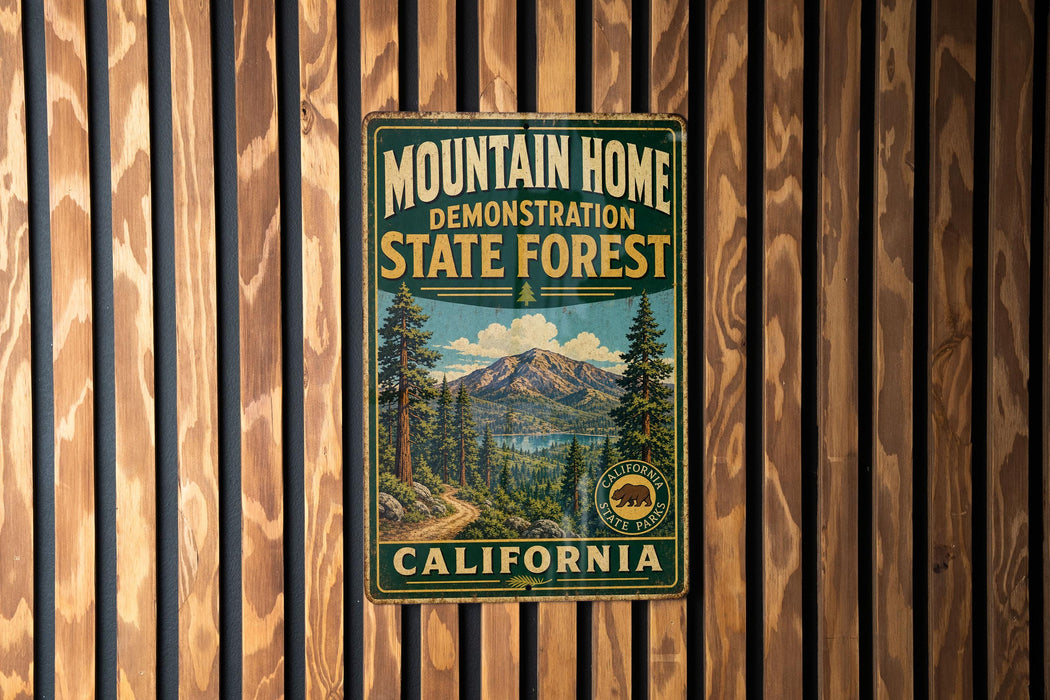 A vintage metal sign for the Mountain Home State Forest in California, featuring a scenic mountain landscape and pine trees.