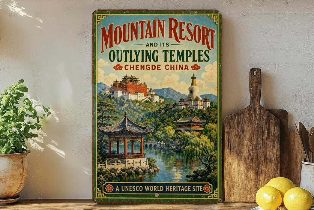 A vintage-style poster advertising the Mountain Resort and its Outlying Temples in Chengde, China, featuring traditional Chinese architecture and a serene landscape.