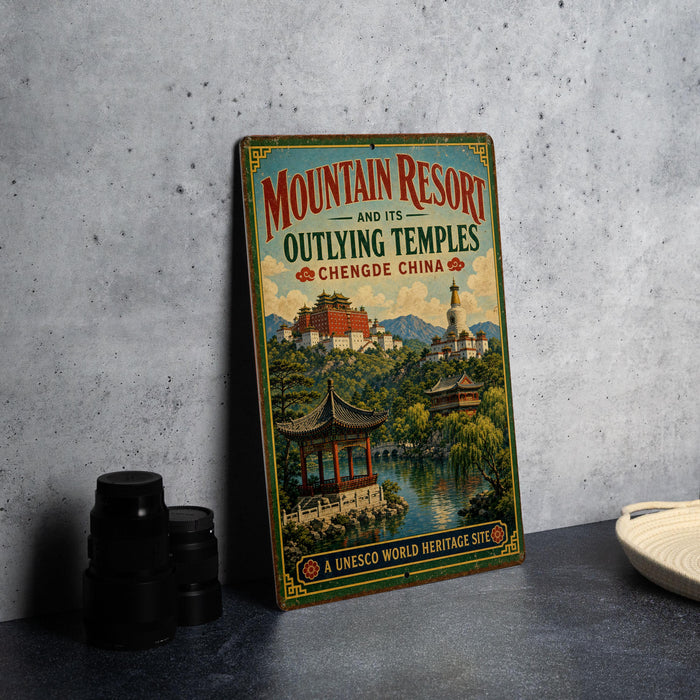 A vintage-style metal sign for the Mountain Resort and its Outlying Temples in Chengde, China, featuring a scenic landscape with traditional Chinese architecture.