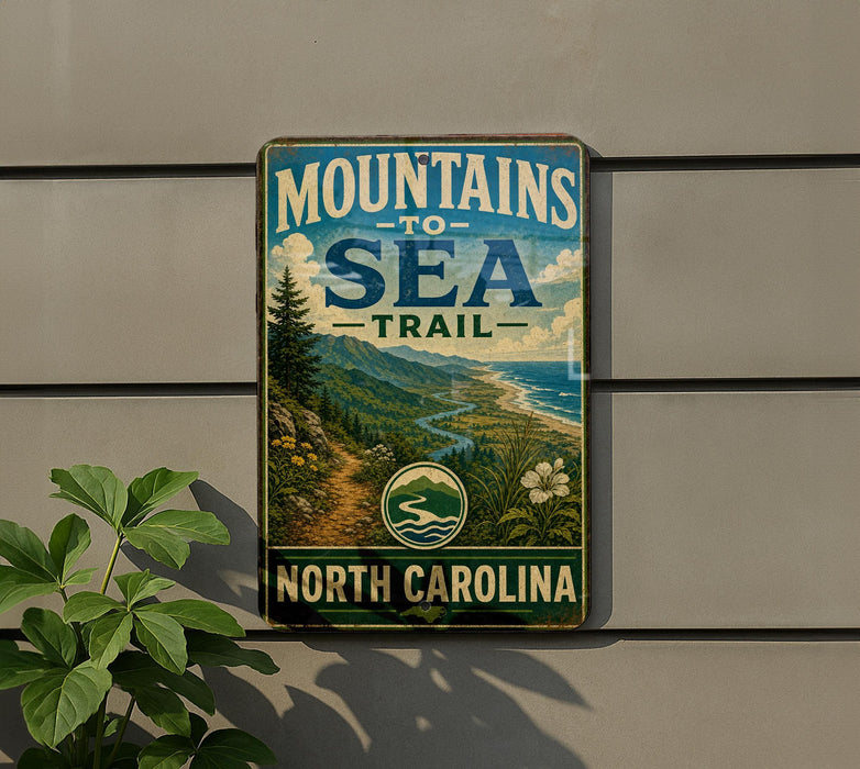 A vintage-style metal sign that reads "MOUNTAINS TO SEA TRAIL NORTH CAROLINA" is displayed on a wall, with a plant to the left of the sign.