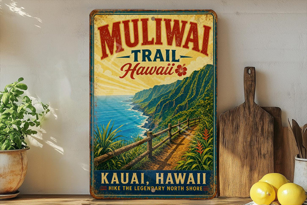 a vintage-style metal sign for Muliwaik Trail in Kauai, Hawaii, with a scenic mountain landscape and a wooden fence.