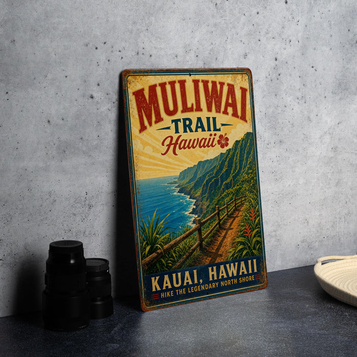 A vintage-style metal sign for Muliwaia Trail in Hawaii, featuring a scenic mountain landscape with a path leading to the Kauai, Hawaii island.