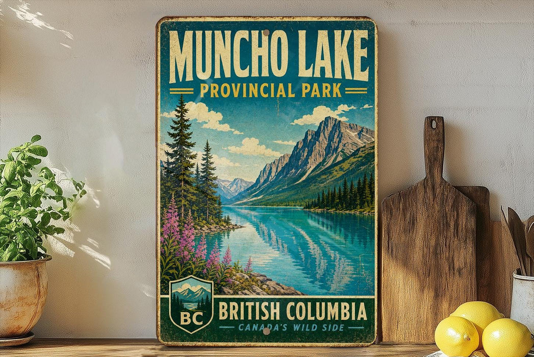A vintage-style sign for Muncho Lake Provincial Park in British Columbia, Canada, featuring a scenic landscape with mountains, a lake, and pine trees.