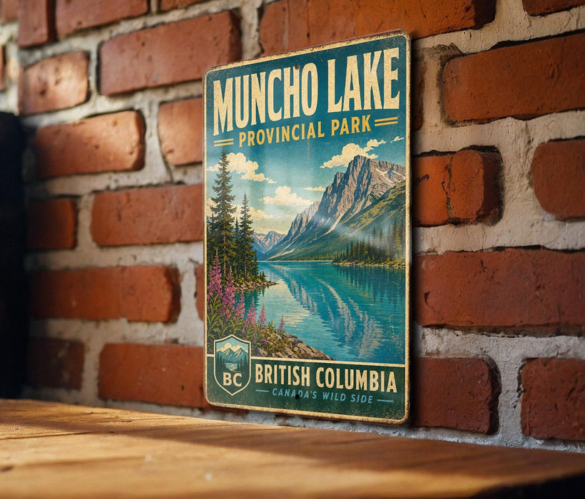 A vintage-style metal sign for Muncho Lake, a scenic park in British Columbia, Canada.