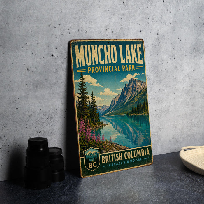 A vintage-style sign for Muncho Lake, a scenic park in British Columbia, Canada.