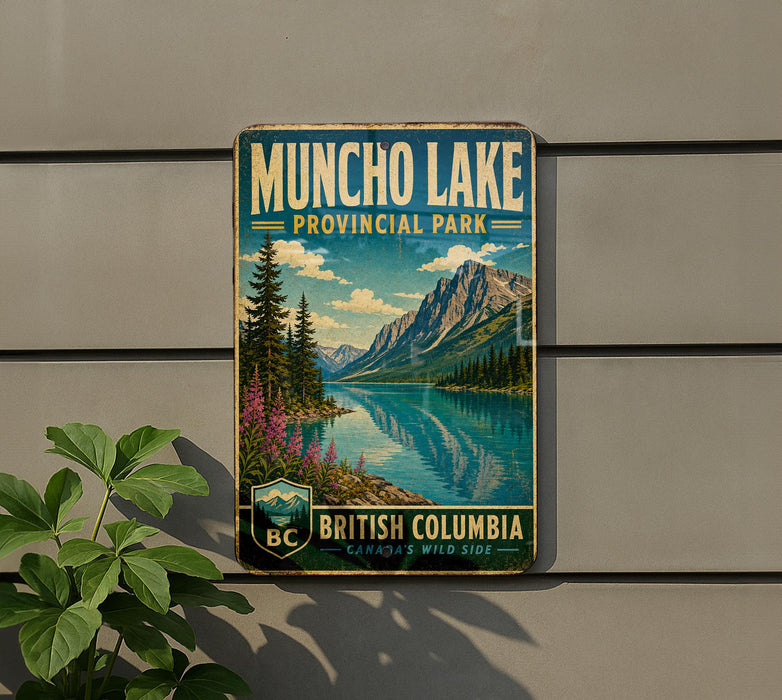 A vintage-style metal sign for Muncho Lake, a scenic park in British Columbia, Canada.