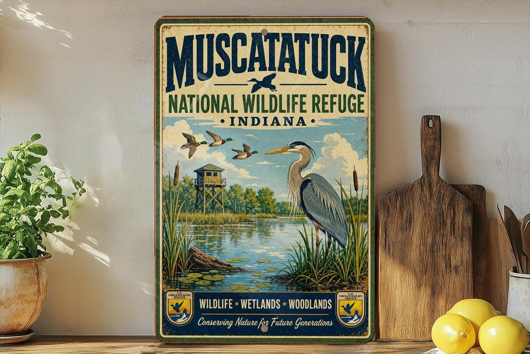 A vintage-style metal sign for Muscatuck National Wildlife Refuge in Indiana, featuring an illustration of a heron and ducks in a pond surrounded by reeds and a wooden structure.